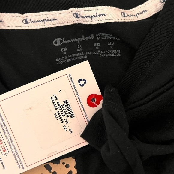 NWT Champion Leopard Print Logo Black Cropped Shirt Sleeve T-Shirt Size Medium - Picture 12 of 13